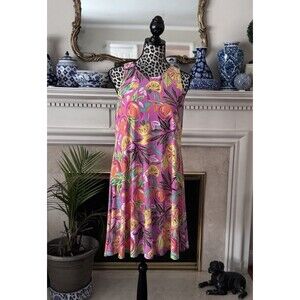 Pappagallo Dress Pink Tropical Fruit Sleeveless Knee Dress Sz M Vacation Resort
